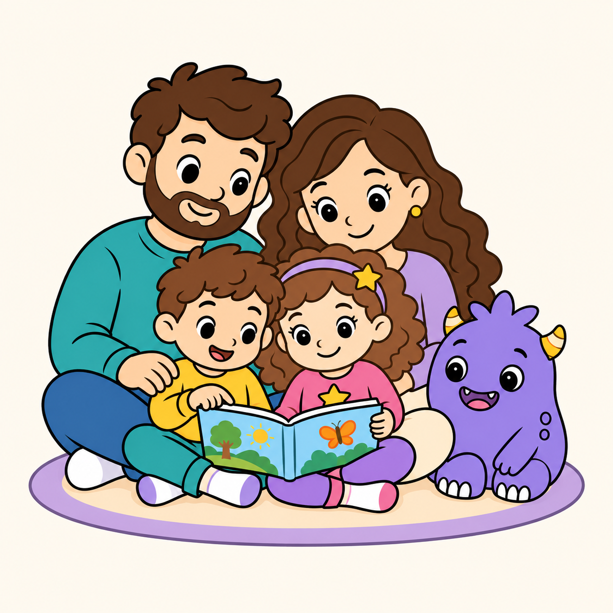 Illustration of smiling parents and children sharing a moment, with Gobbles beside them