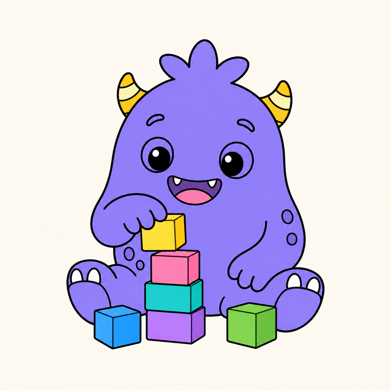 Gobbles happily playing with colourful blocks