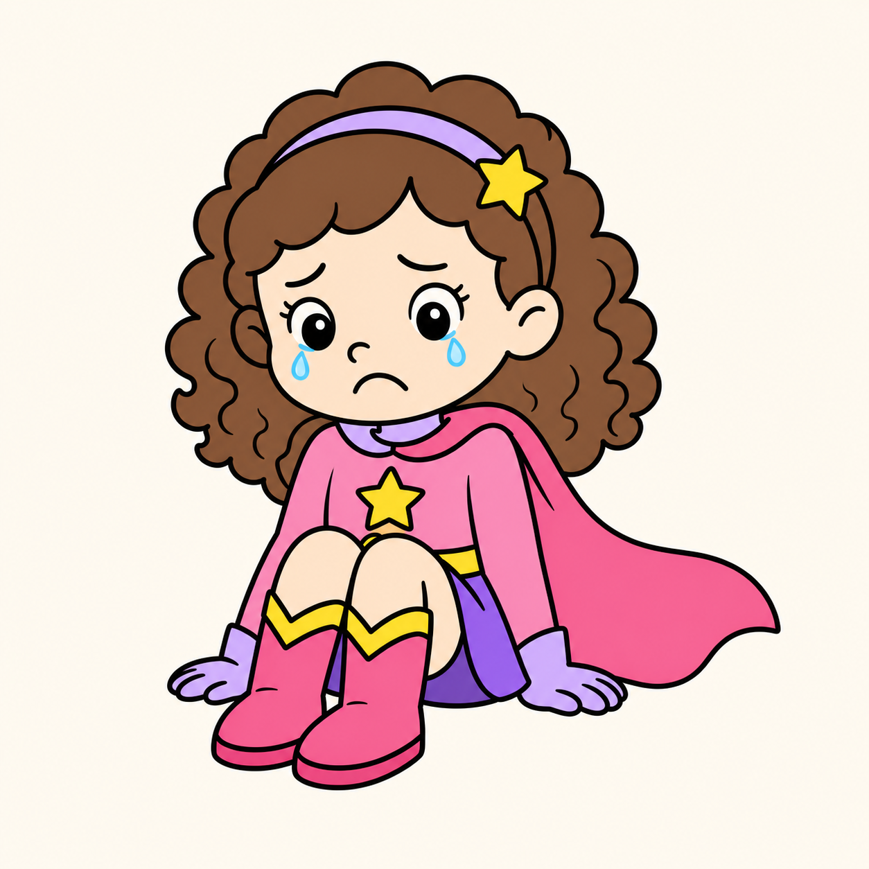 Star Girl sitting with tears and a frustrated expression, illustrating big feelings
